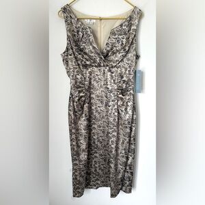 NWT London Times Champagne Abstract Satin Look Sheath Party Dress Womens 12 FLAW